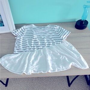 Size XL white w/ black horizontal stripes. Adorable peplum top below breast!